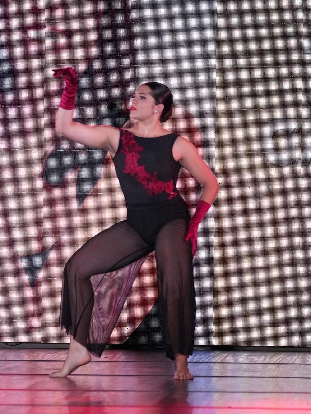 Lyrical Competition Dance Costume Black Red Appliqué Leotard & Mesh Pants Set